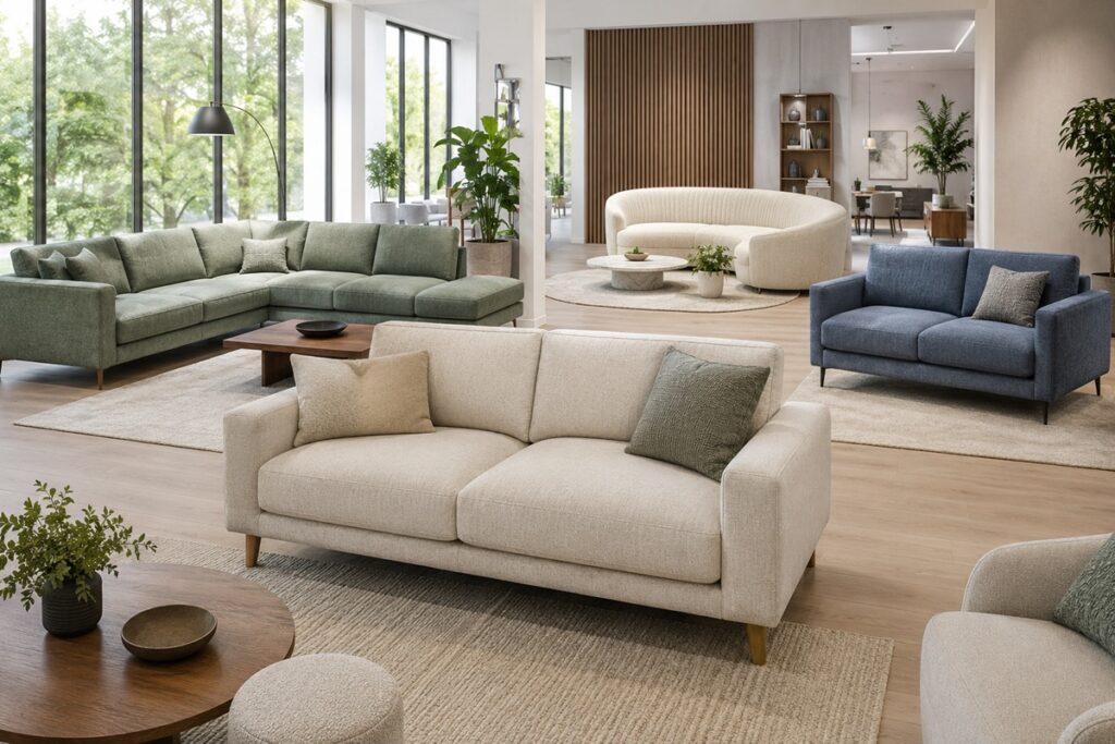 Quatre modèles de canapé en showroom