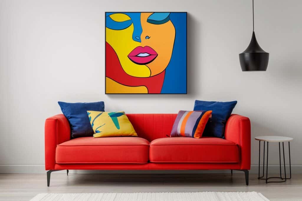 canapé rouge avec un tableau pop art au-dessus