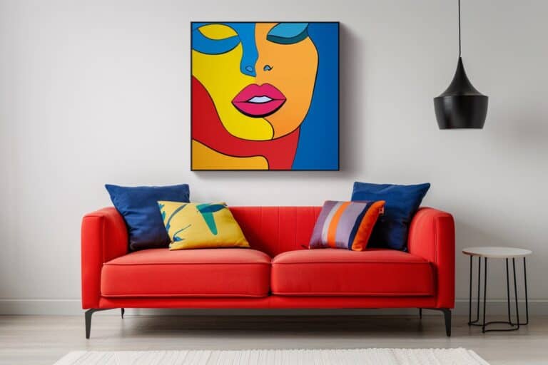 canapé rouge avec un tableau pop art au-dessus