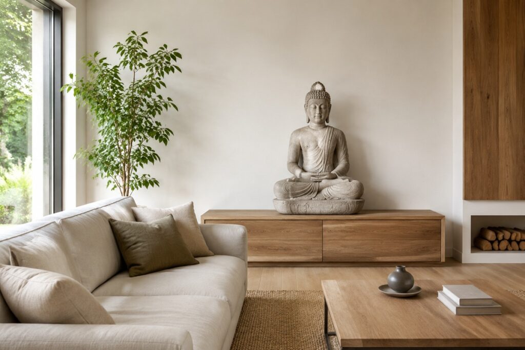 Bouddha en pierre dans un salon contemporain
