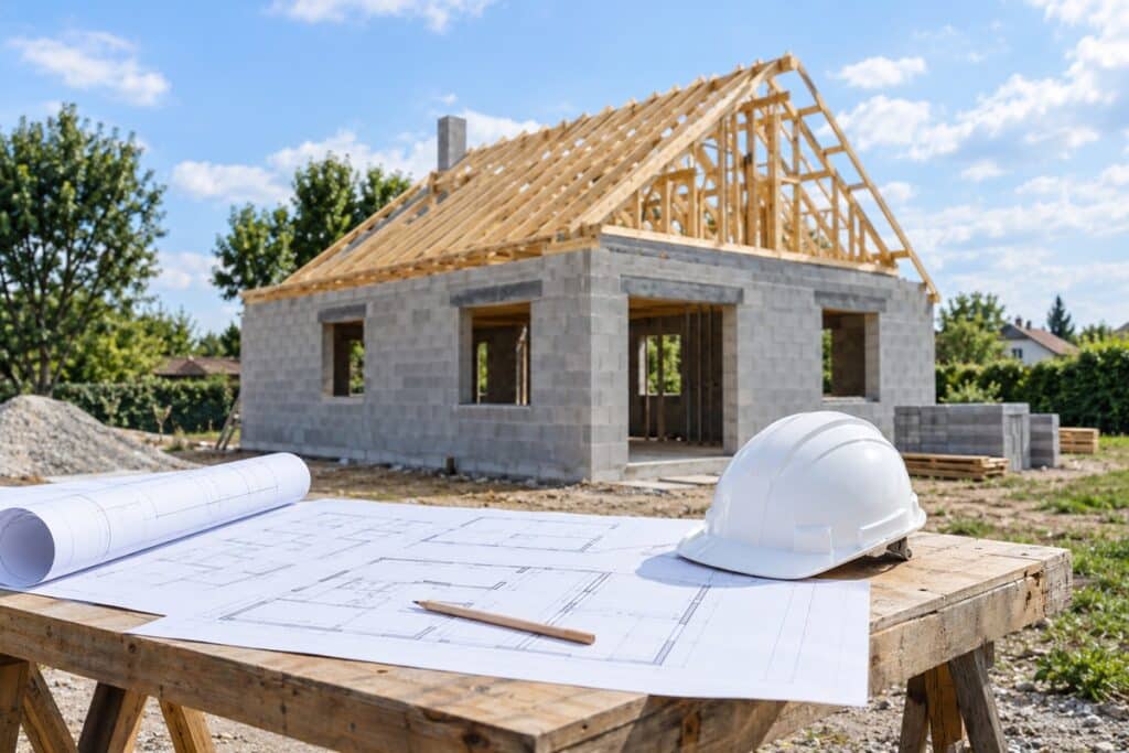 Plans et maison en construction