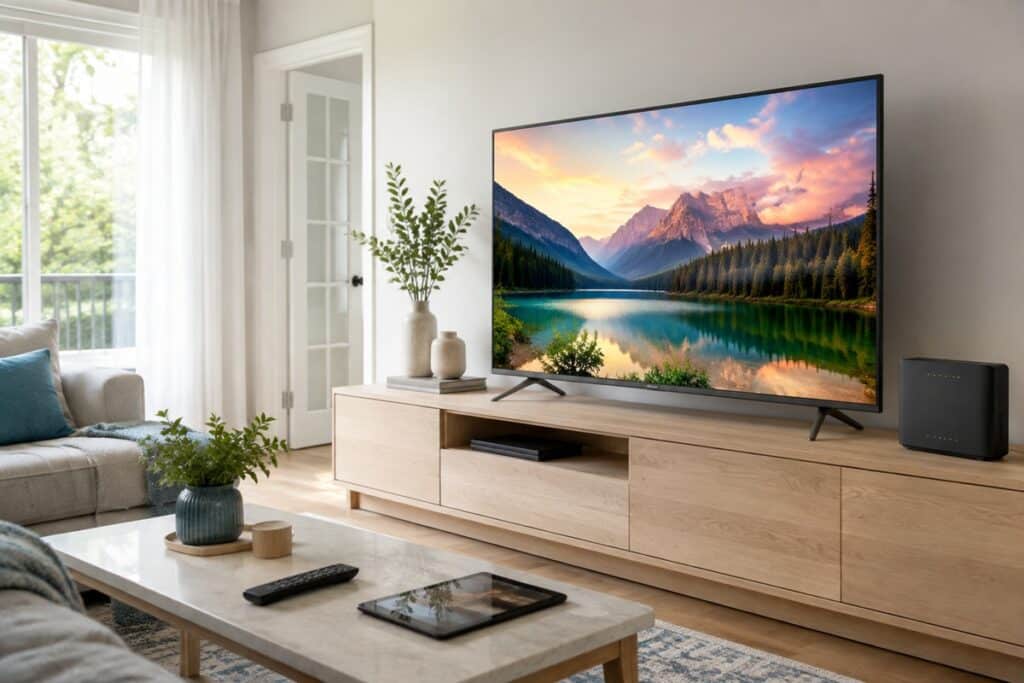 Salon lumineux, télévision et Wi‑Fi réunis