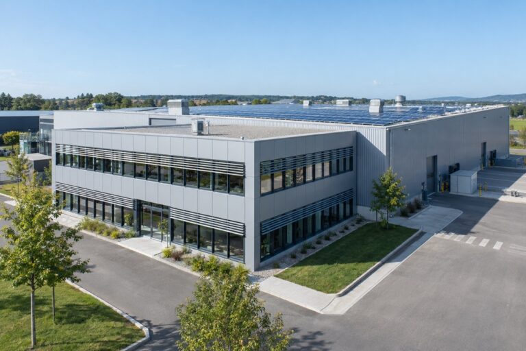Site industriel moderne avec bureaux et photovoltaïque