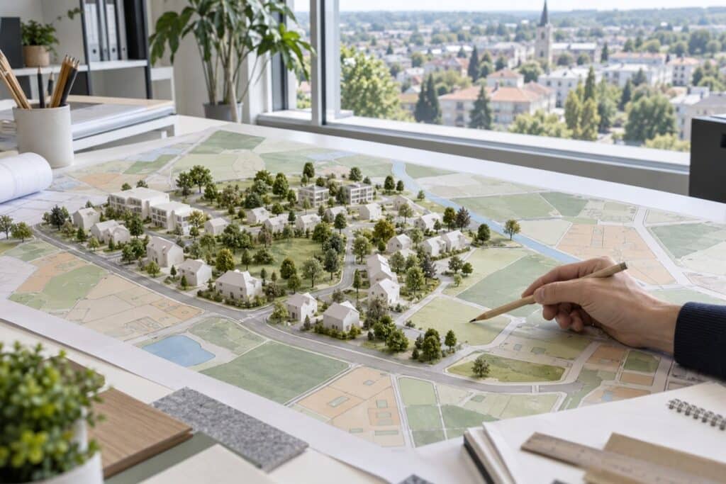 Maquette urbaine sur plan d’urbanisme