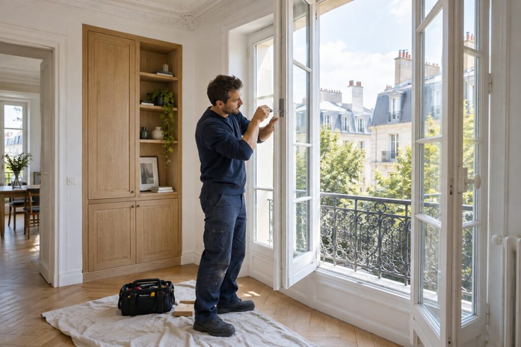 Menuisier ajuste une fenêtre d’époque