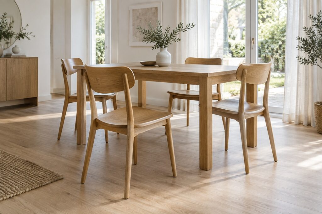 Chaises et table en chêne dans une salle lumineuse