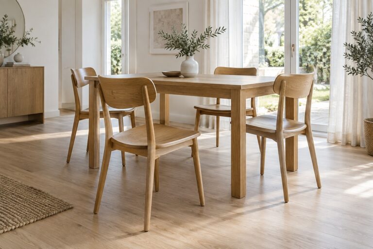 Chaises et table en chêne dans une salle lumineuse
