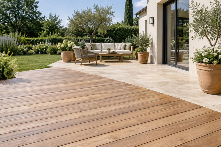 Terrasse en bois et pierre naturelle