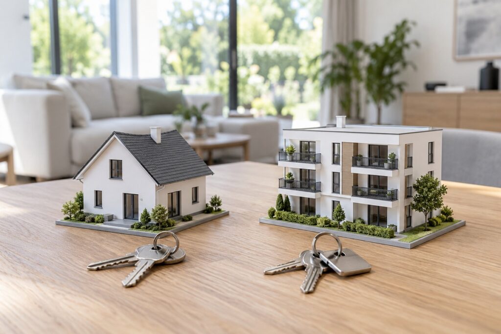 Une maison et un immeuble miniatures, accompagnés de clés sur une table en bois clair
