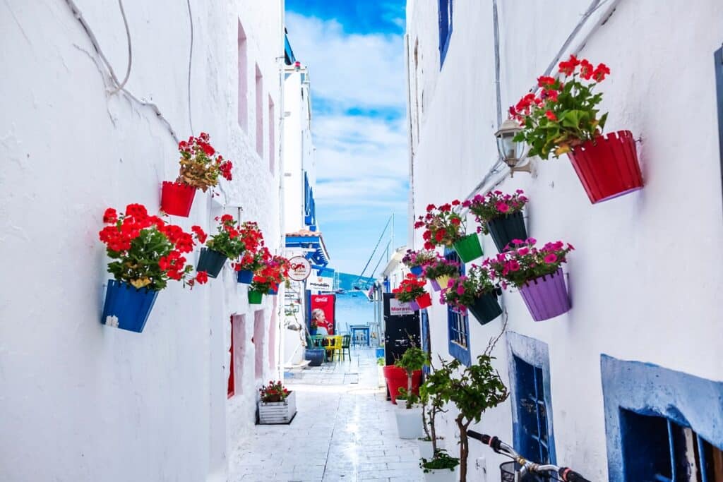 rue avec des maisons blanches à Bodrum