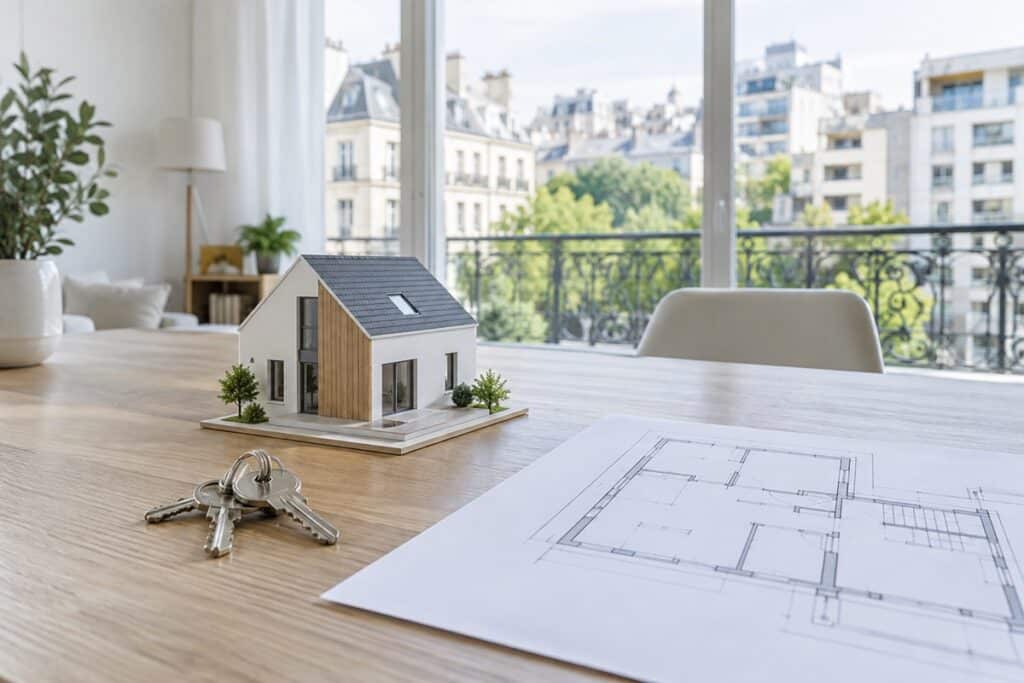 Clés, maquette et plan immobilier