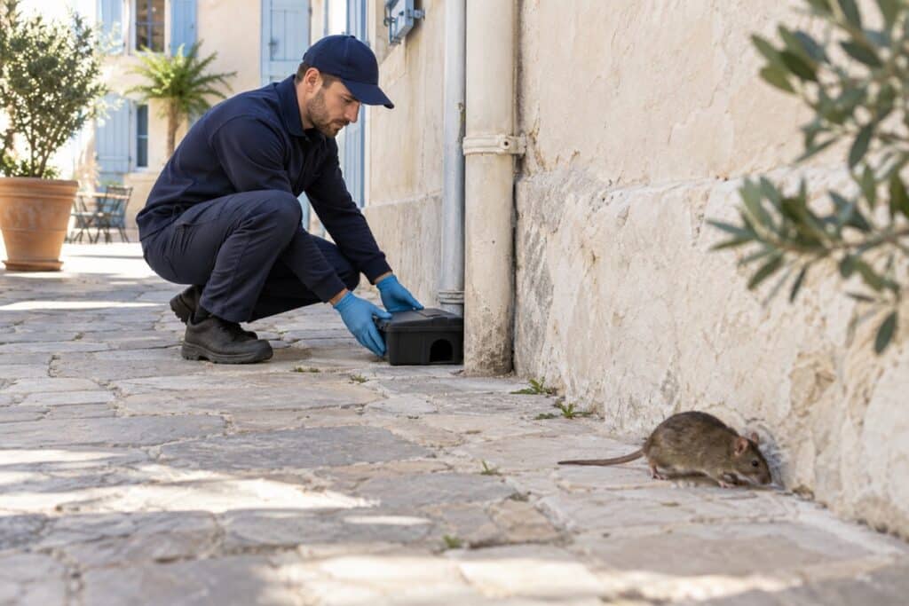 Technicien anti-rats dans une cour marseillaise