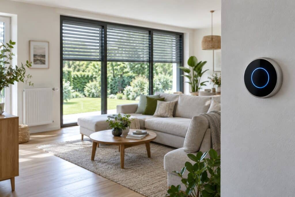 Thermostat connecté dans un salon lumineux