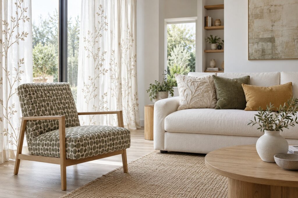 salon associant rideaux brodés, fauteuil à motifs et coussins texturés