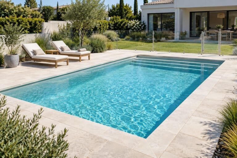 Piscine familiale dans un jardin contemporain