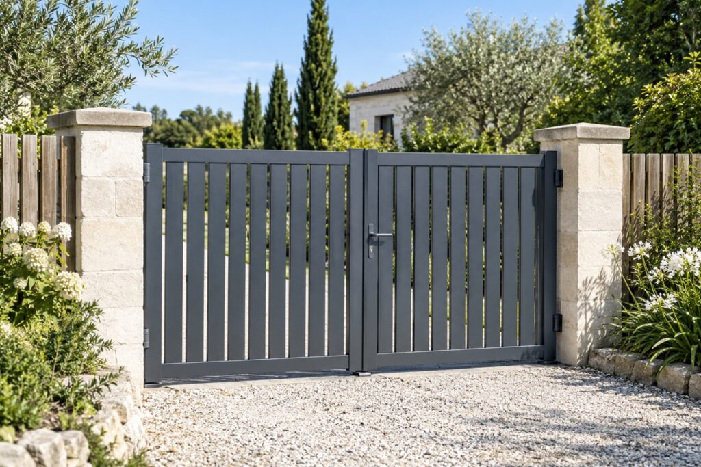 Portail anthracite entre piliers de pierre