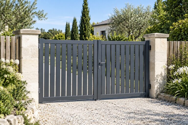 Portail anthracite entre piliers de pierre