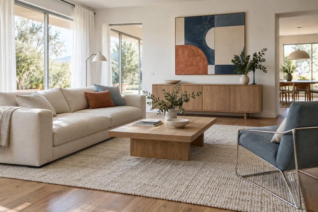 Salon moderne lumineux aux accents bleus