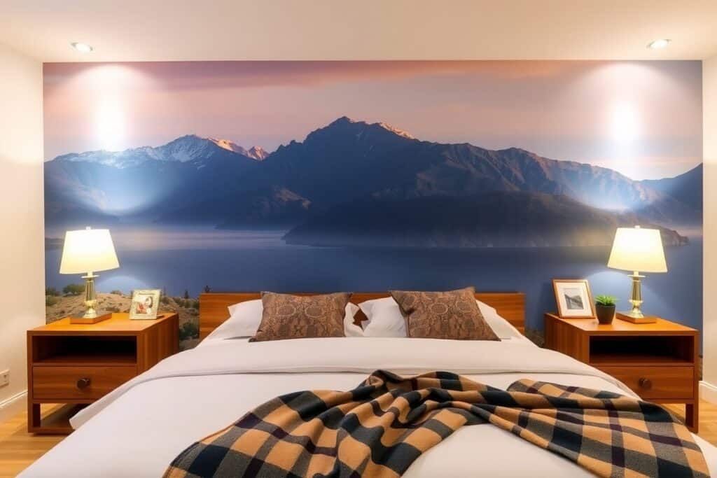 papier peint panoramique derrière un lit