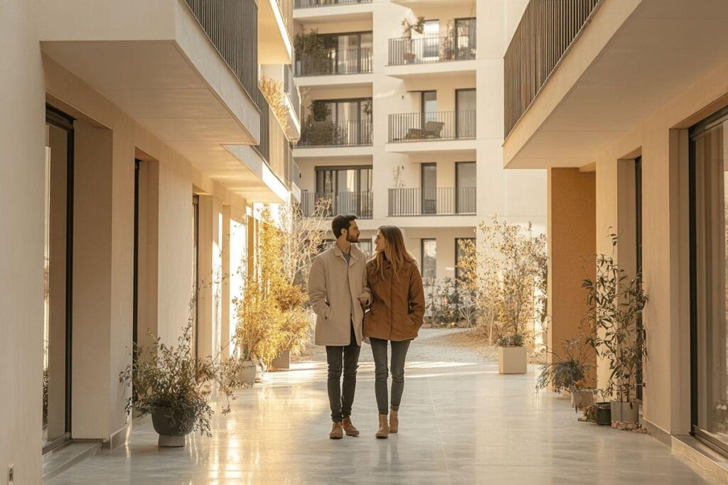 couple dans une résidence d'appartements HLM