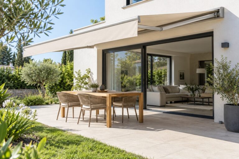 Store-banne beige sur terrasse contemporaine