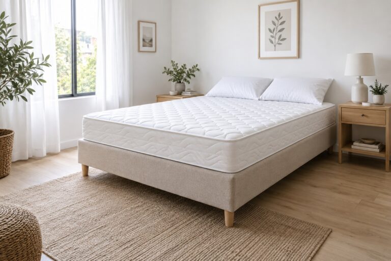 matelas parfaitement ajusté à son sommier dans une chambre lumineuse