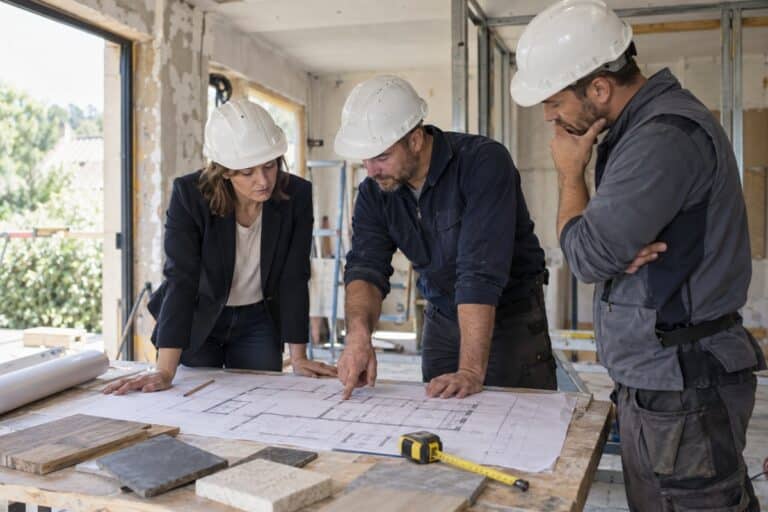 artisans autour d’un plan de maison
