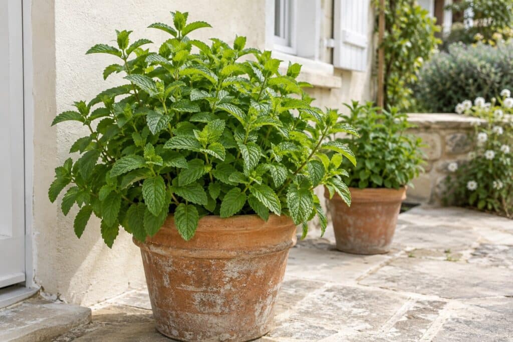 Menthe en pot sur terrasse