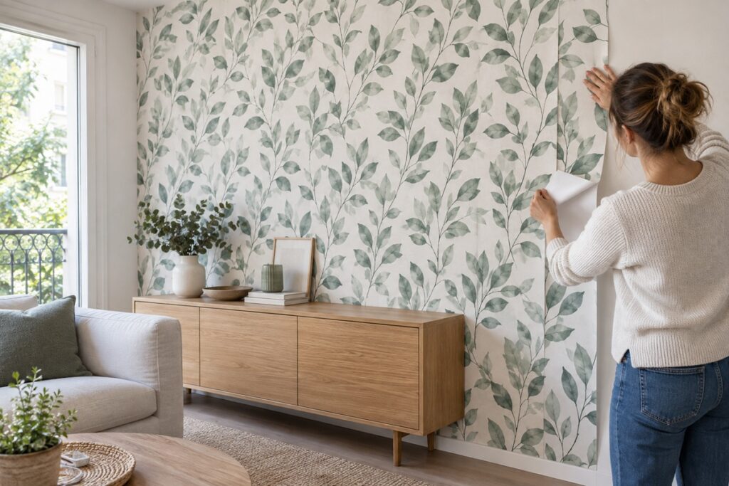 mur transformé avec un papier peint adhésif thème nature