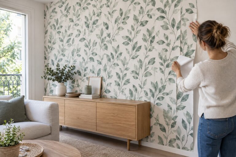 mur transformé avec un papier peint adhésif thème nature