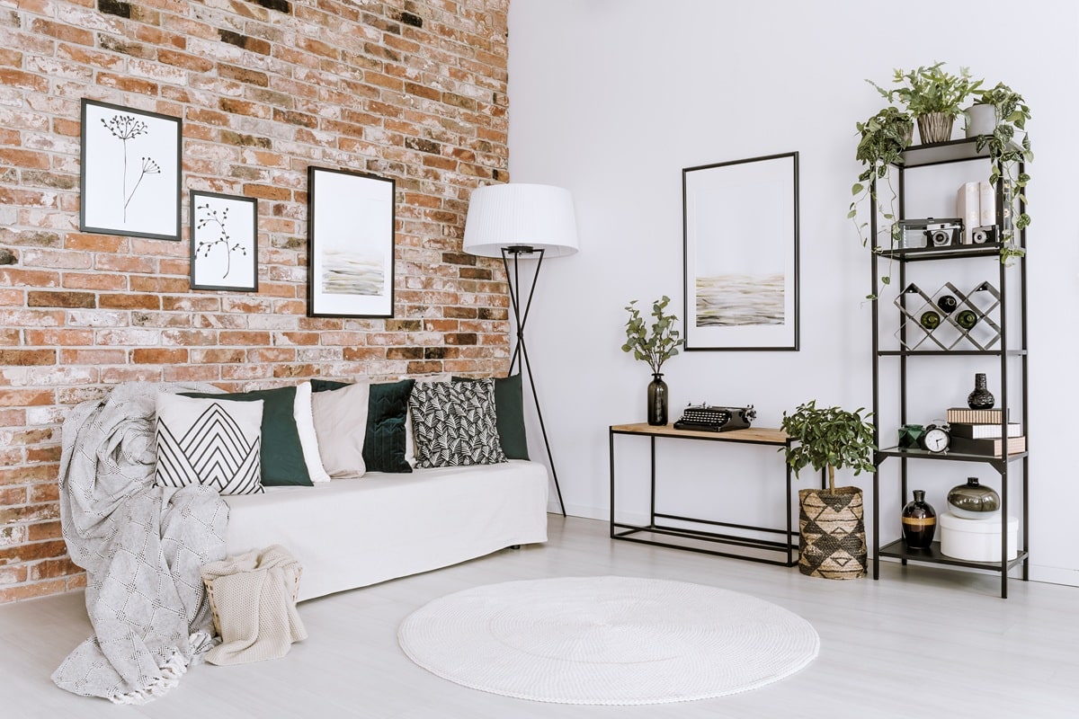 salon avec un mur d'accent en briques