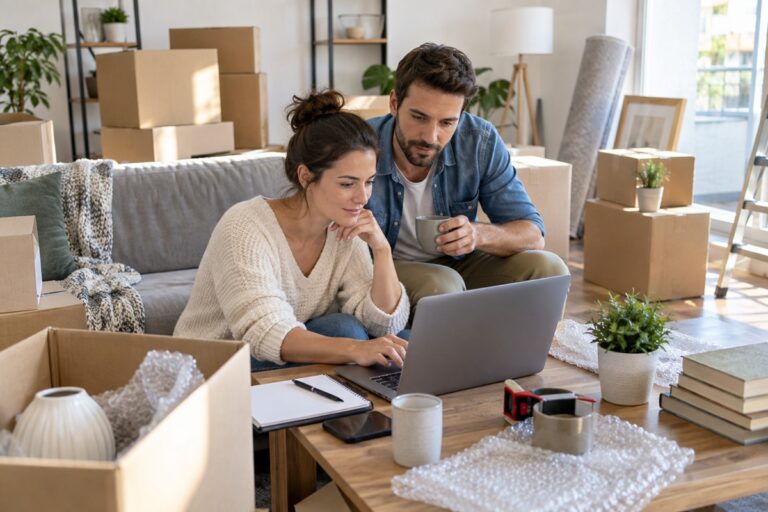 couple réalisant une demande de devis de déménagement en ligne