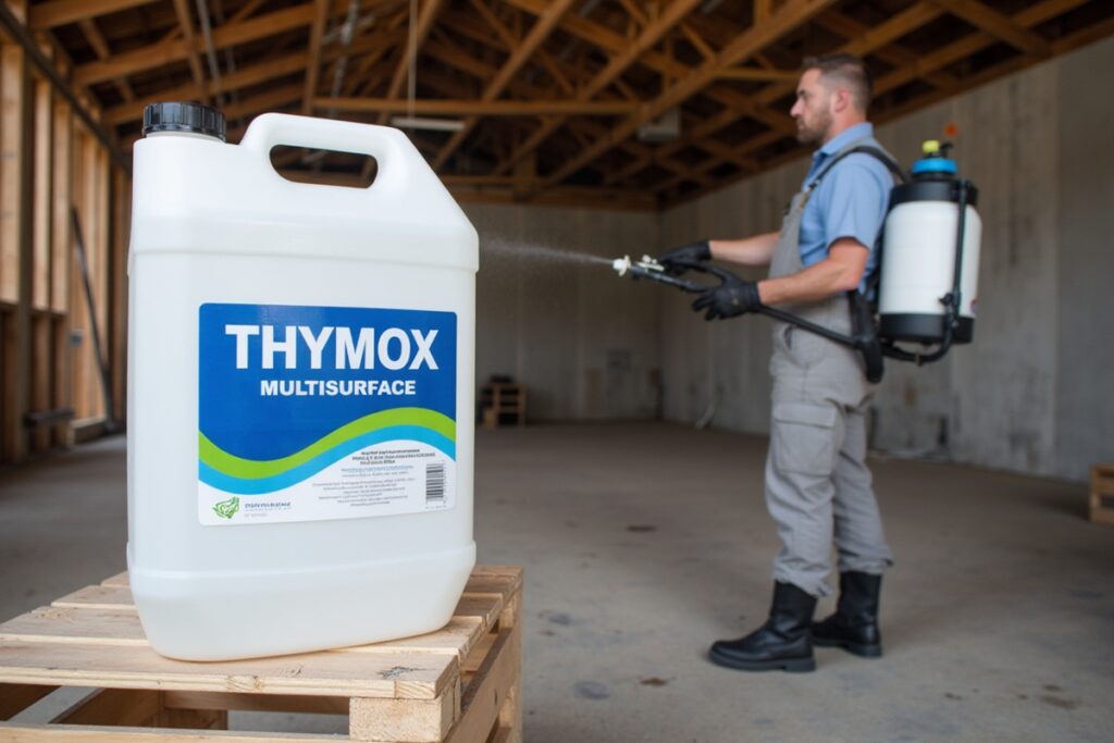 homme qui désinfecte un sous sol avec du thymox
