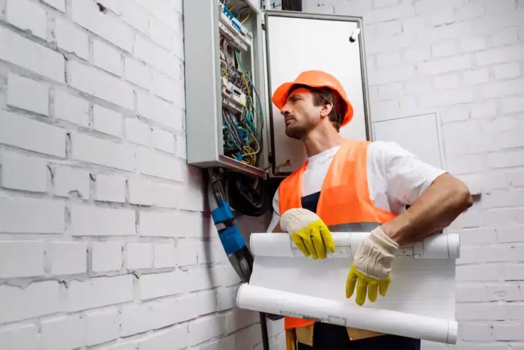 un électricien contrôle une installation électrique