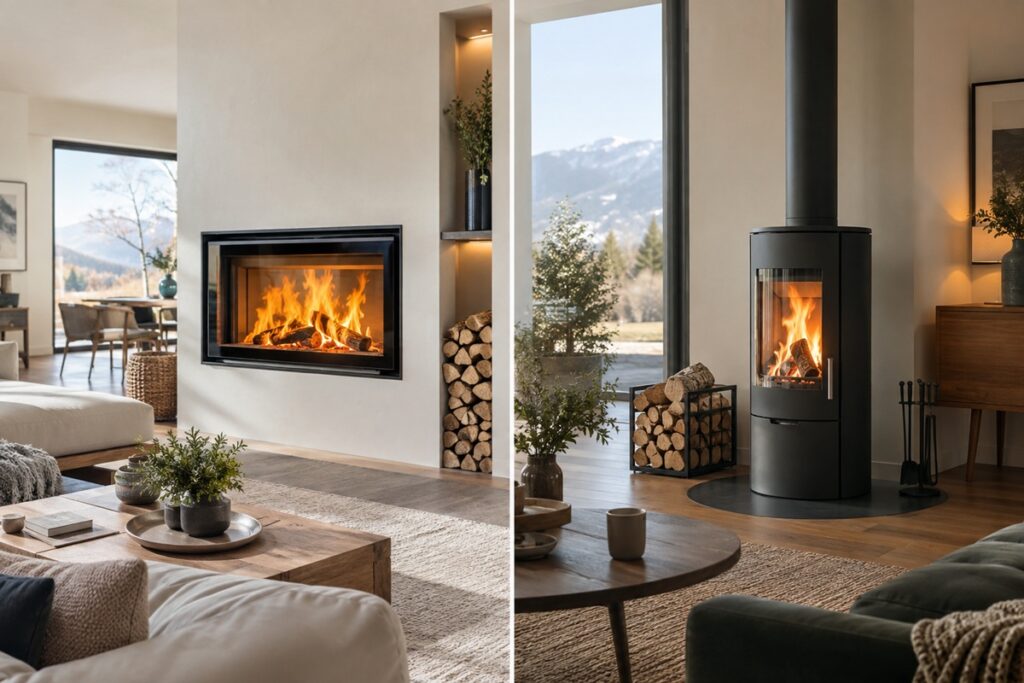 salon avec cheminée fermée vs salon avec poêle à bois