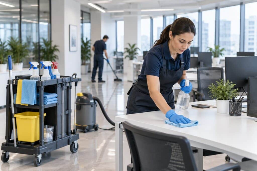 Nettoyage professionnel dans un bureau moderne