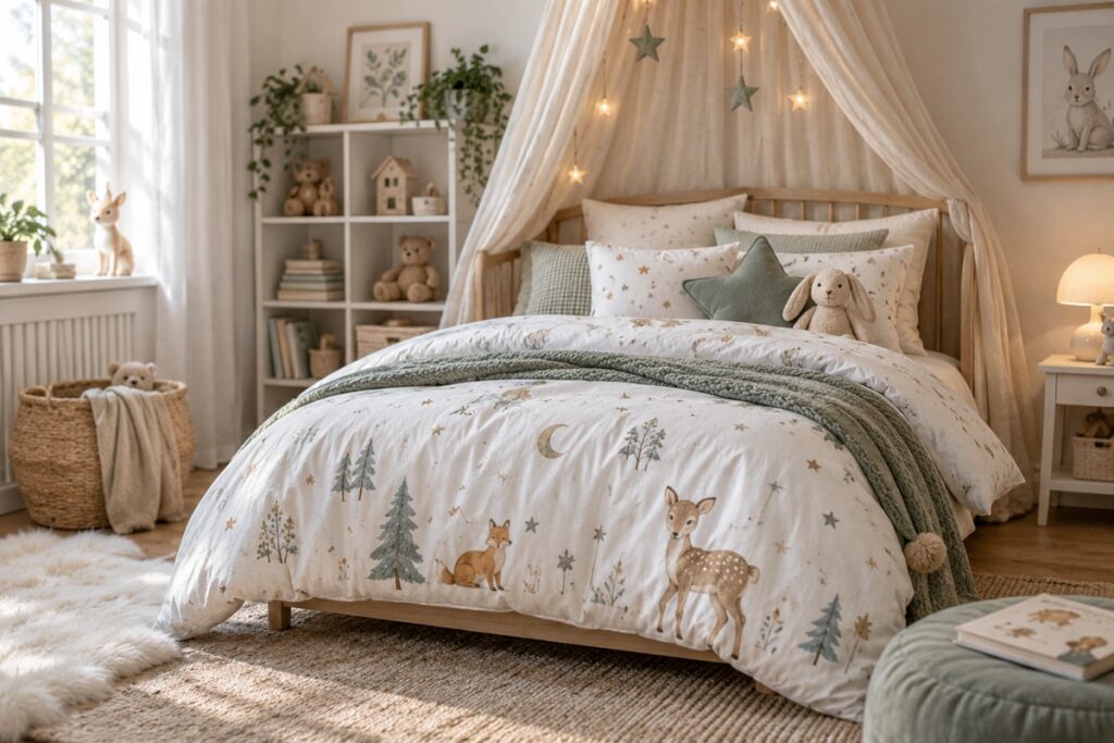 chambre d’enfant douce et rêveuse autour d’une jolie parure de lit aux motifs forestiers
