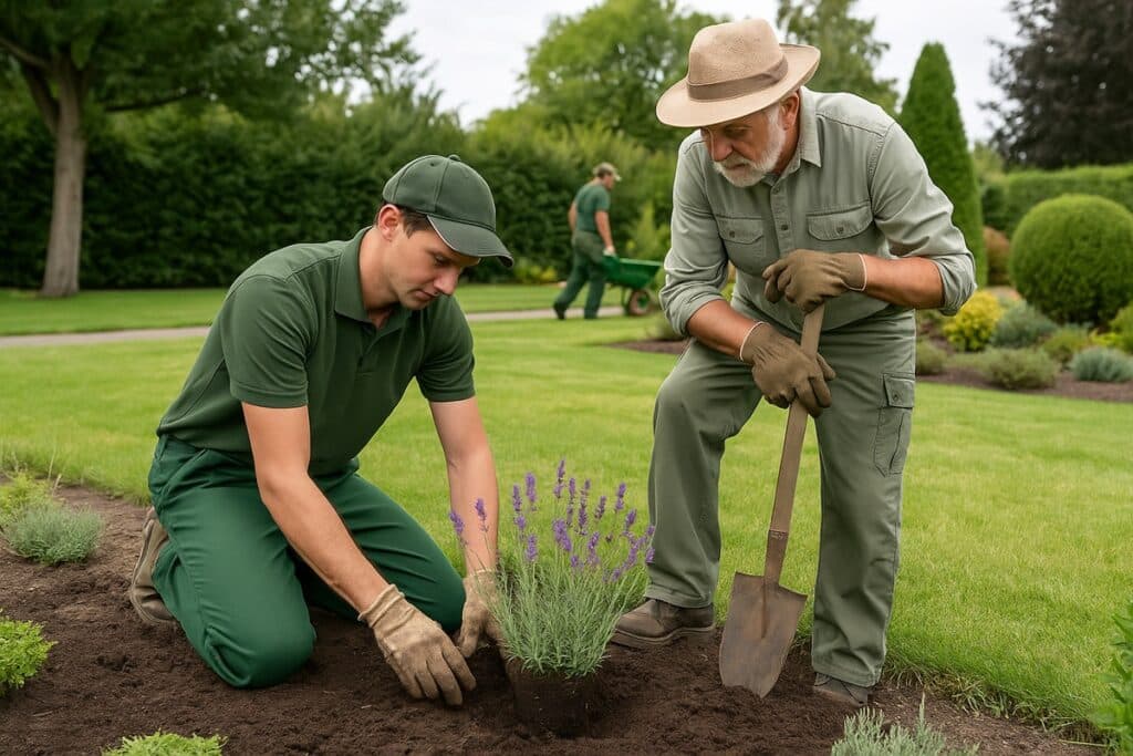 deux jardiniers entretiennent un jardin