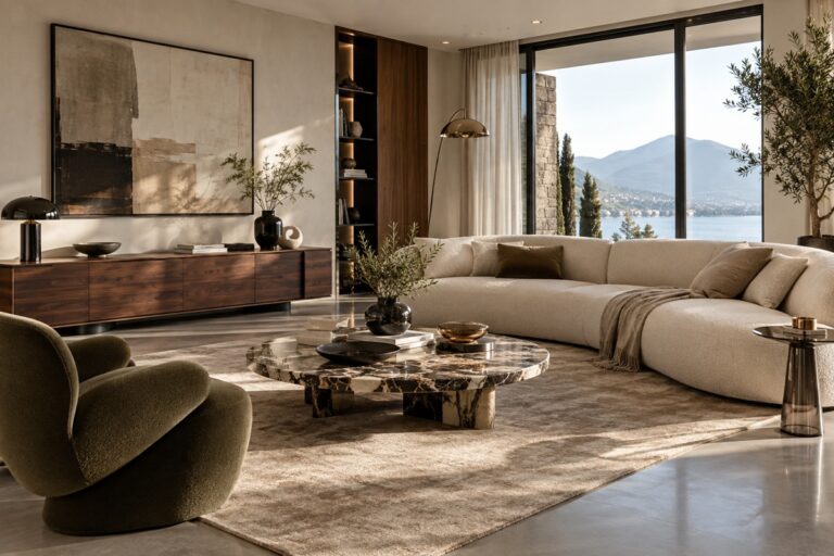Salon contemporain avec mobilier italien avec vue sur le lac
