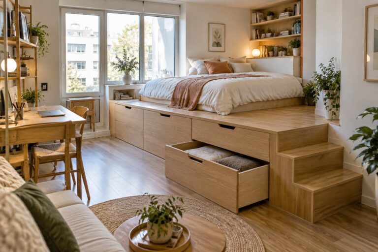 Studio scandinave avec lit surélevé et plantes