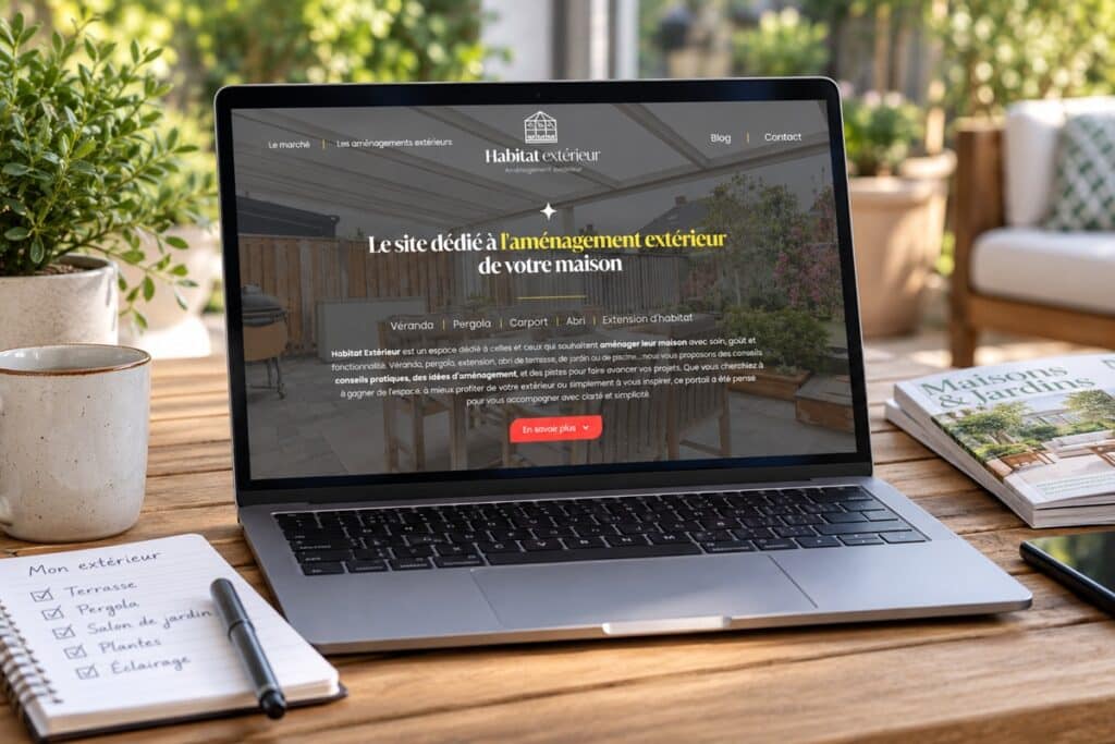 ordinateur affichant le site Habitat Extérieur, installé sur une table de terrasse au cœur d’un jardin aménagé