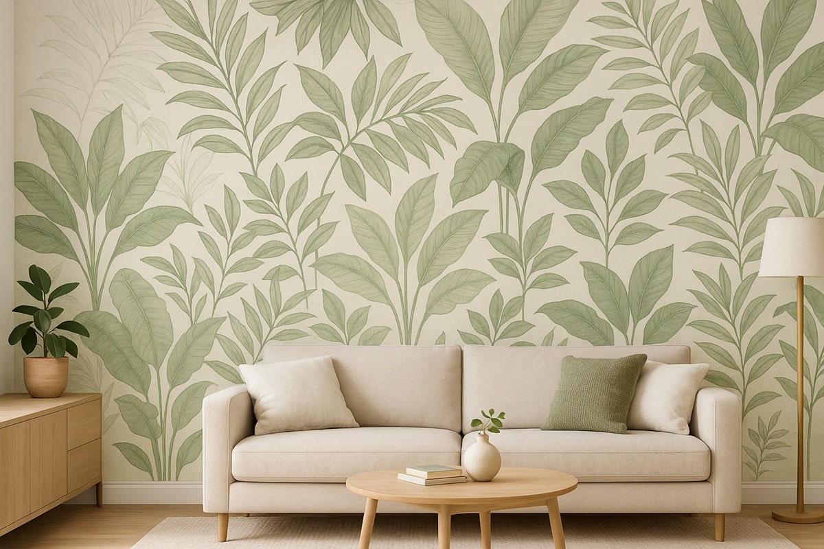 salon avec papier peint jungle derrière le canapé