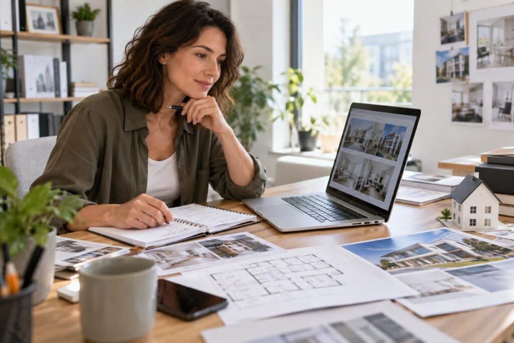 Une femme en reconversion se forme aux métiers de l’immobilier depuis son bureau