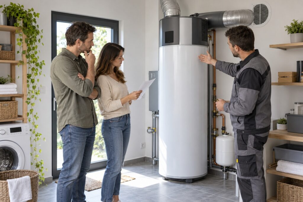 Un couple échange avec un professionnel devant un chauffe-eau thermodynamique installé dans une buanderie