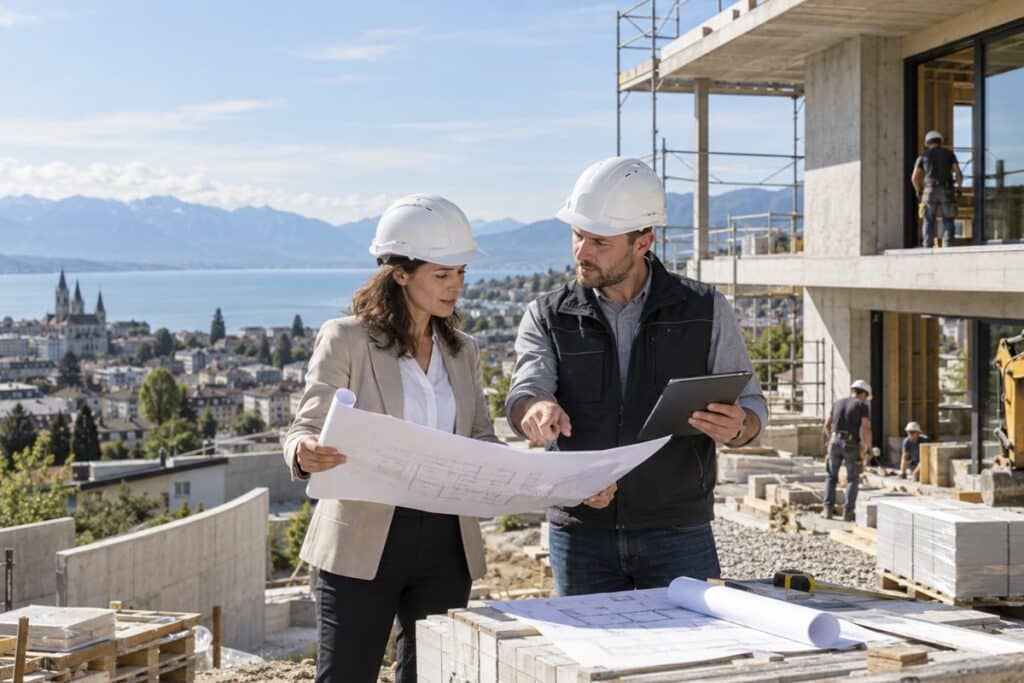 Architecte et chef de chantier échangent autour des plans d’une construction à Lausanne