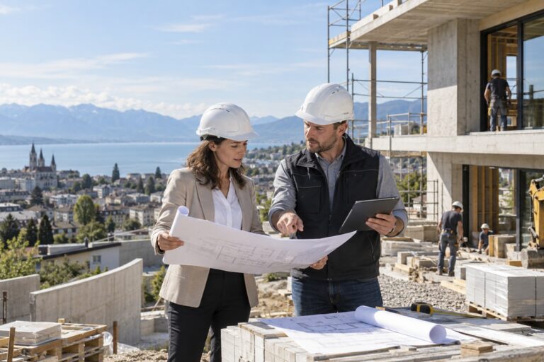 Architecte et chef de chantier échangent autour des plans d’une construction à Lausanne