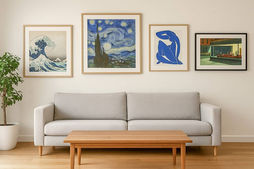 reproductions d’œuvres iconiques au-dessus d'un canapé