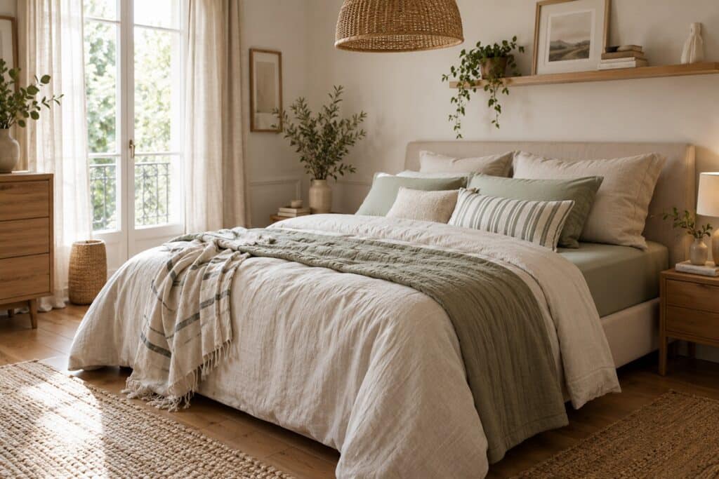 chambre chaleureuse aux teintes naturelles, sublimée par un linge de lit harmonieux