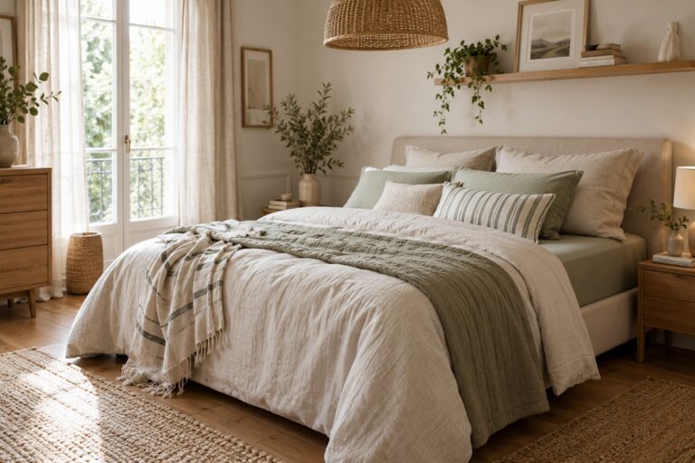 chambre chaleureuse aux teintes naturelles, sublimée par un linge de lit harmonieux