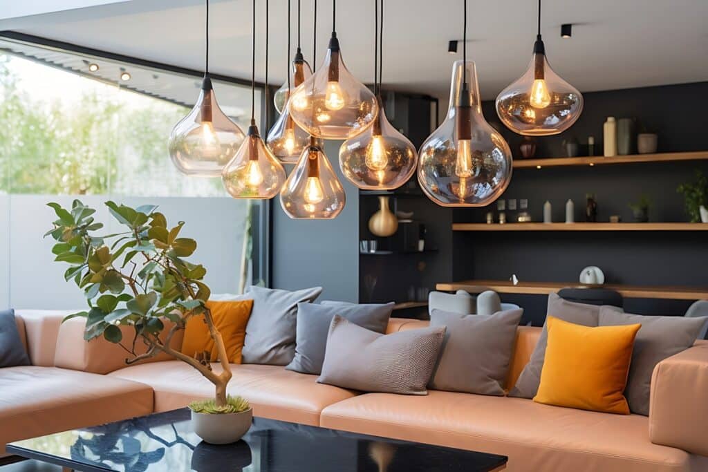 salon chaleureux avec de beaux luminaires